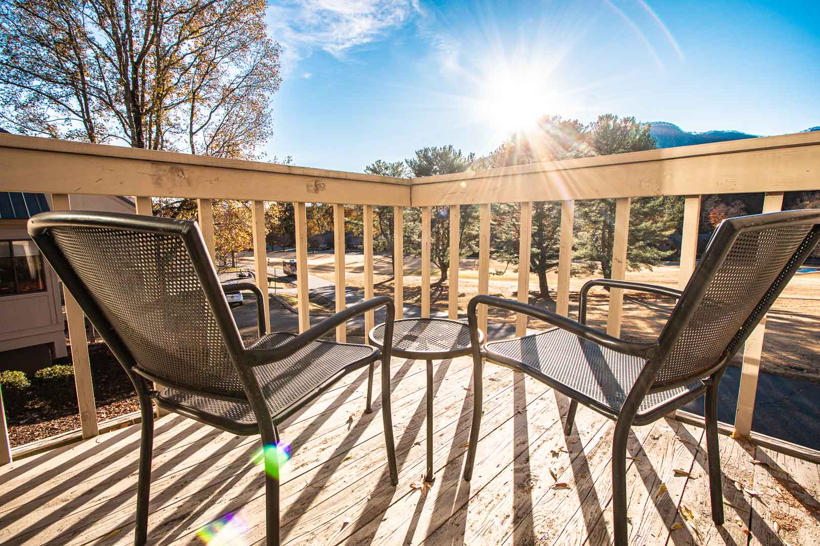 A relaxing view from the balcony at VRI's Mountain Loft Resort in North Carolina.